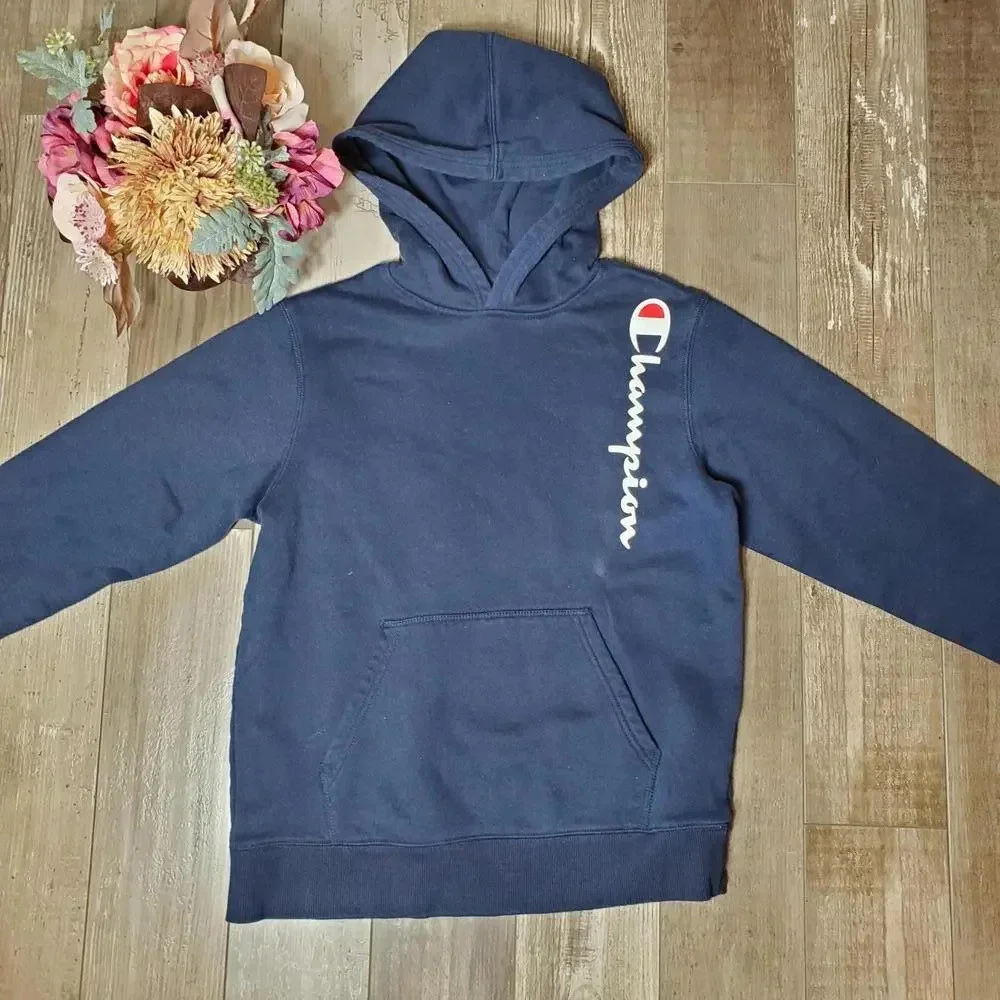 Champion Boys' Youth Long Sleeve Hooded Pullover Sweatshirt Navy Blue XL EUC